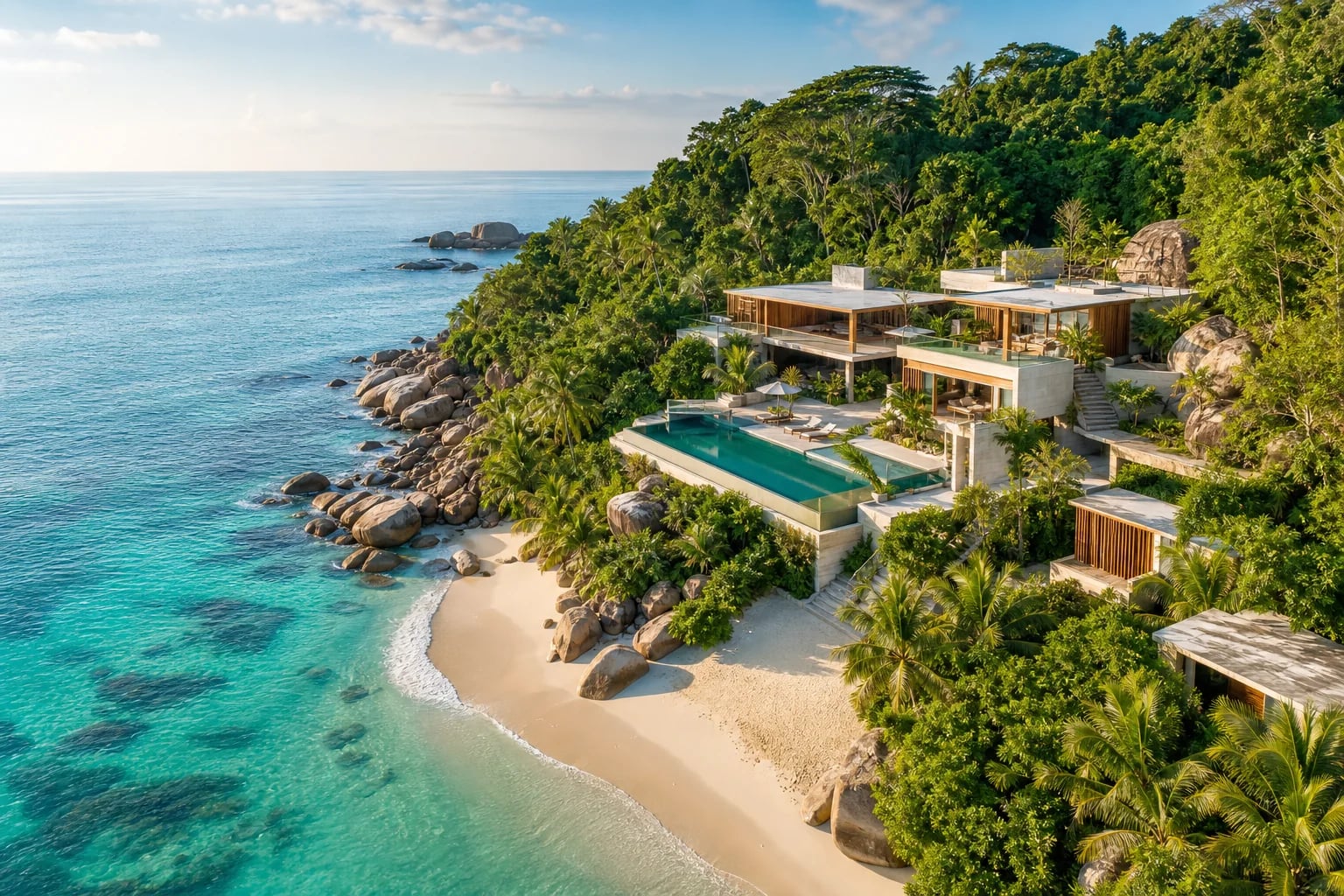 Luftaufnahme einer luxuriösen Villa am Meer, umgeben von tropischer Vegetation
