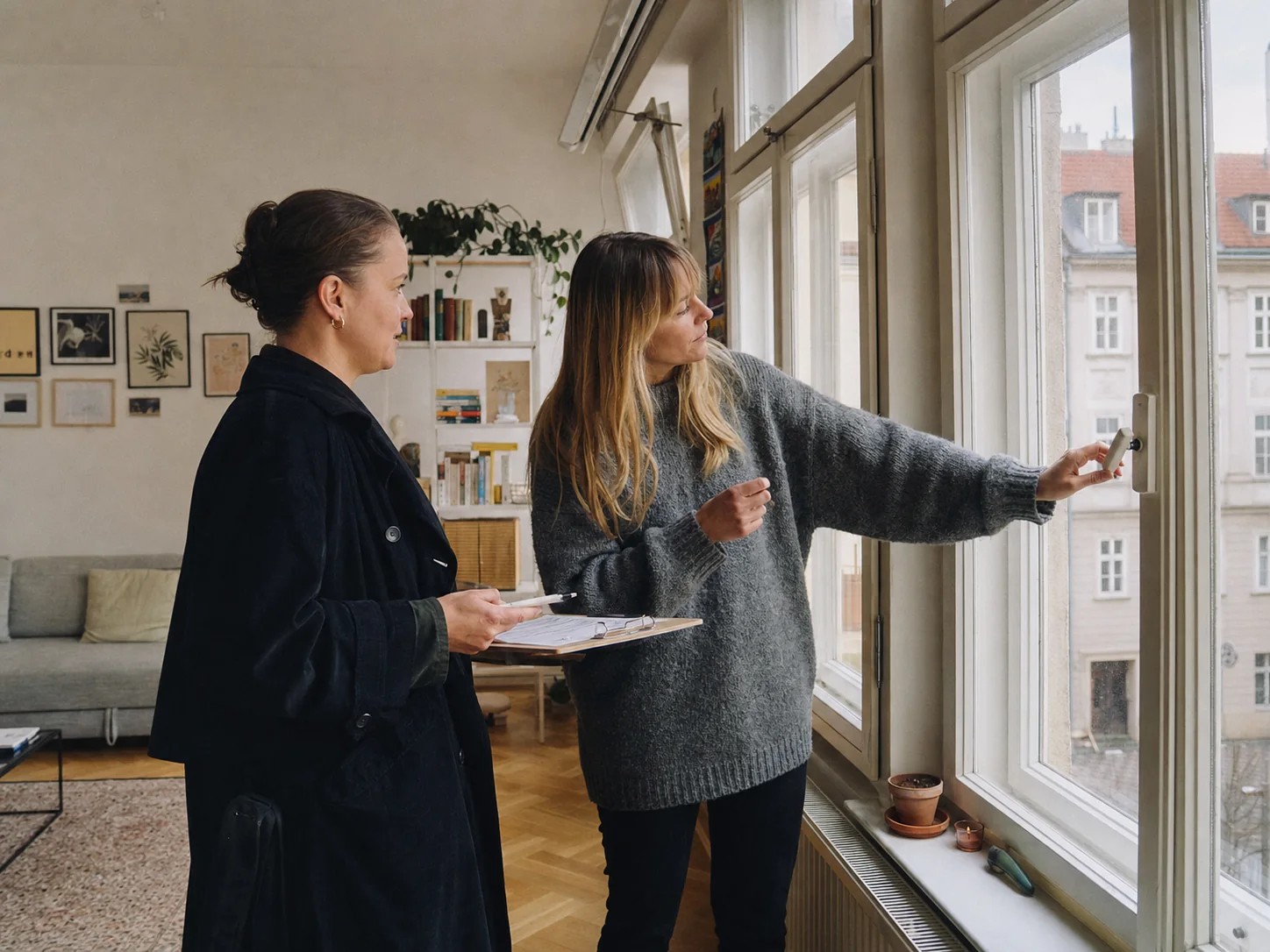 A Prague landlord walking through a guest-ready city apartment