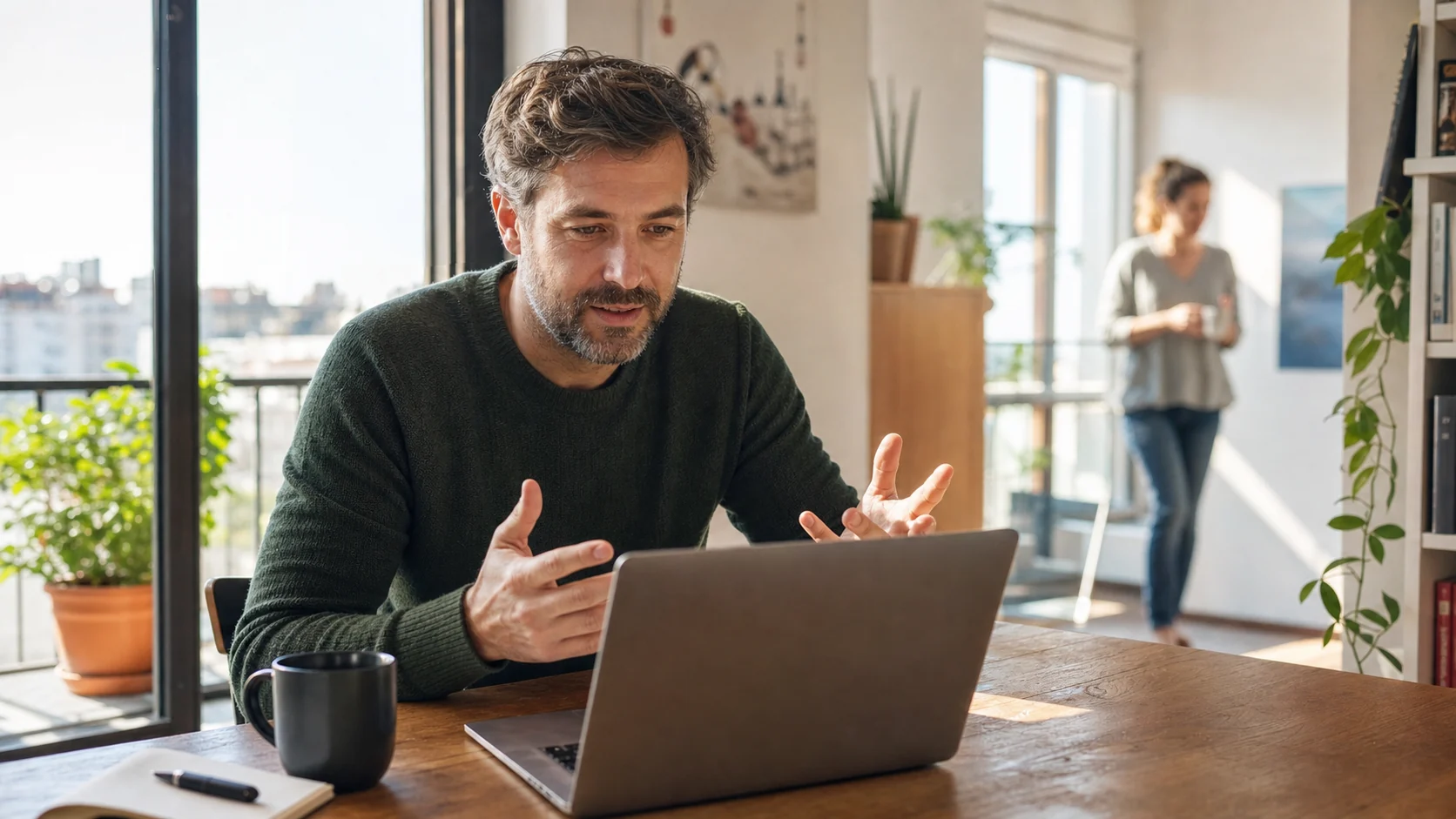 A holiday-home owner speaking with a property specialist from home