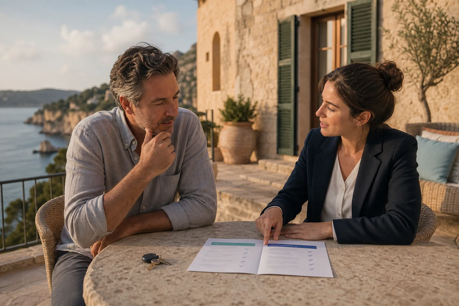 A property owner and listing specialist reviewing a clear service scope