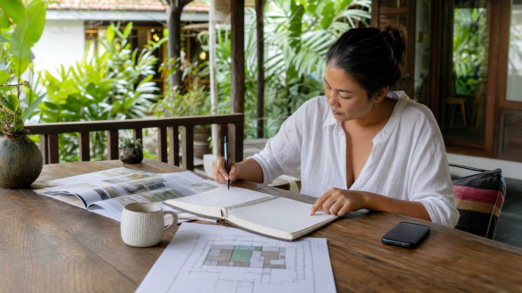 A holiday-home owner studying a launch guide on a tropical terrace