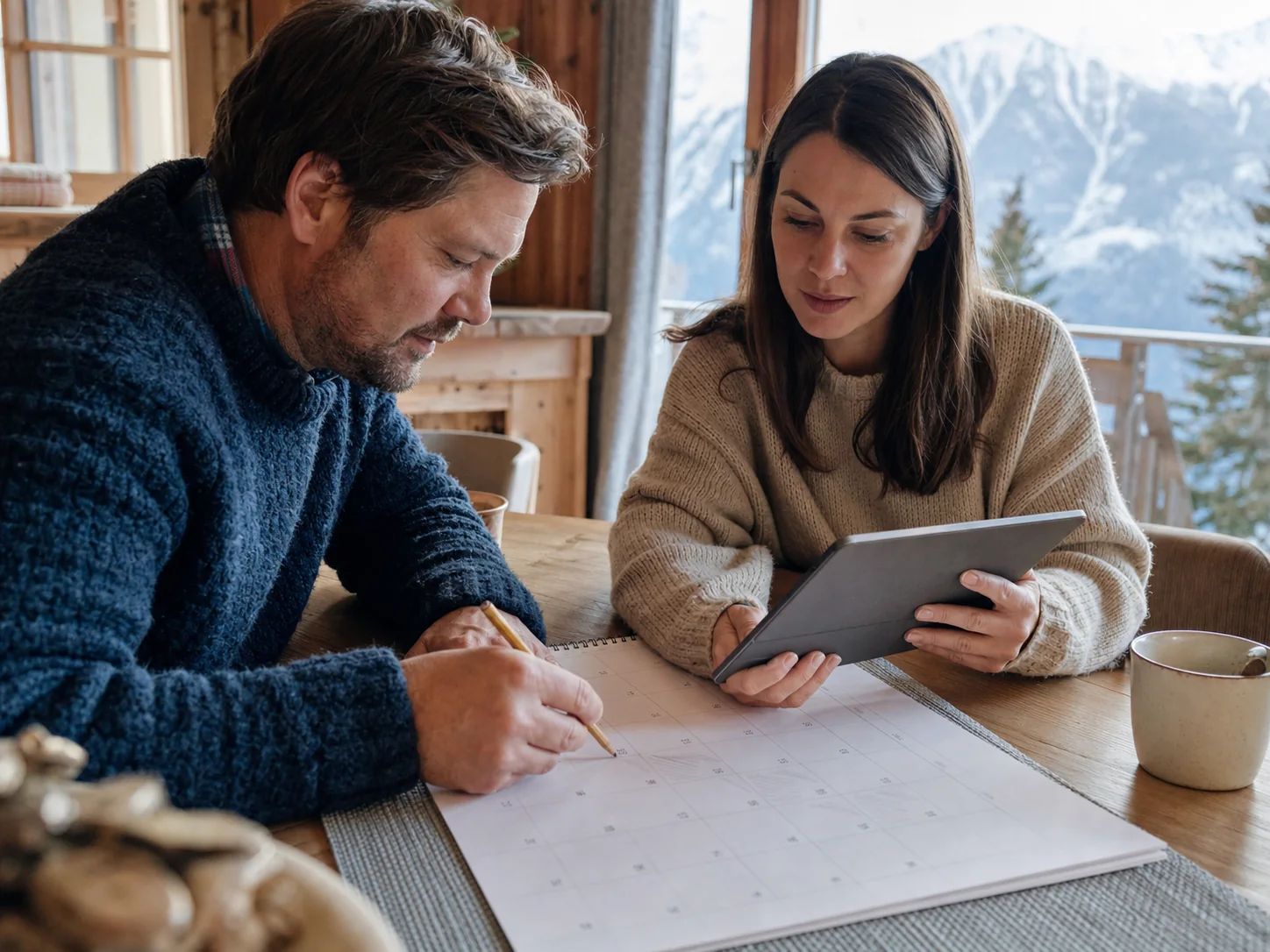 An Alpine holiday-home owner marking personal dates on a shared booking calendar