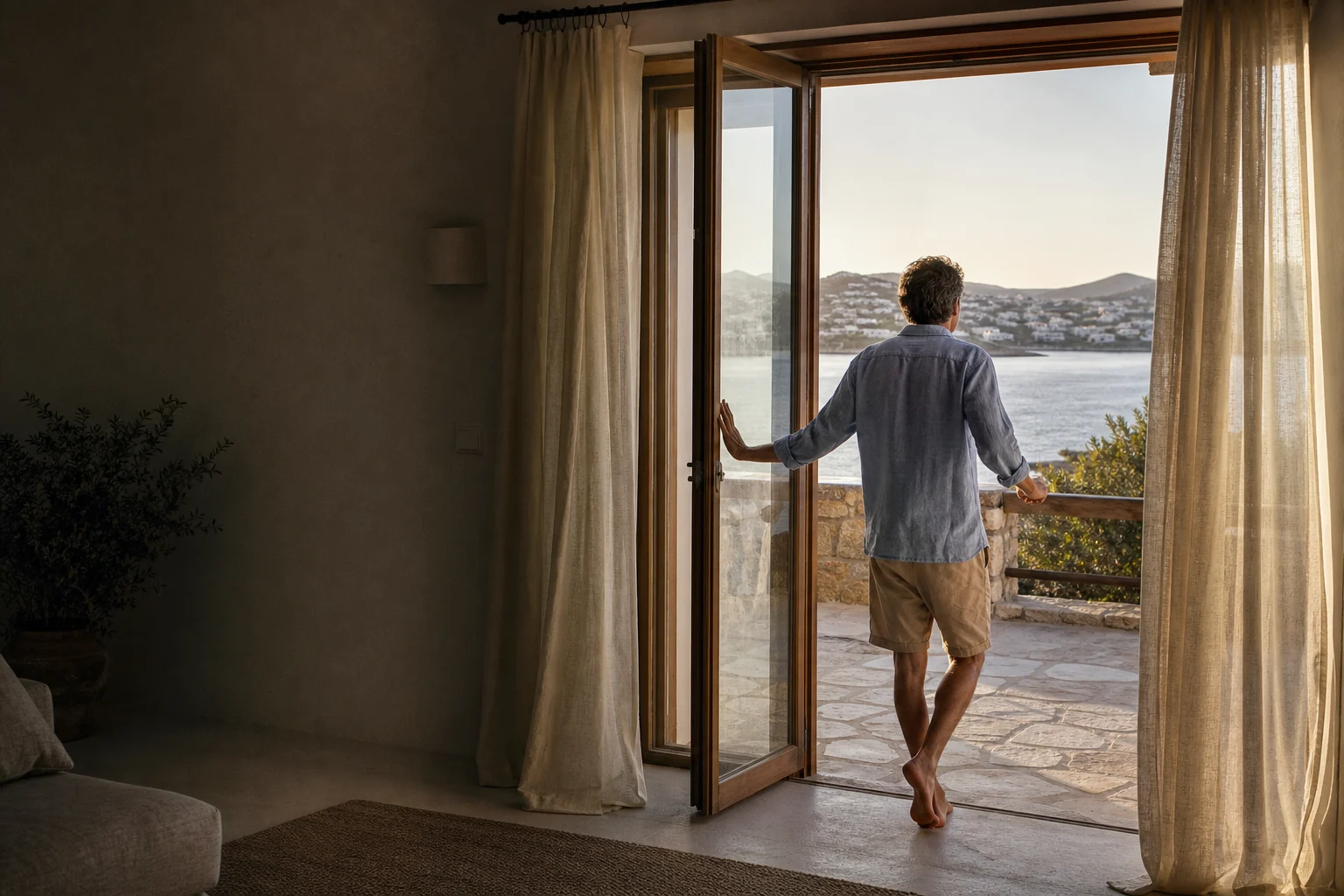 A holiday-home owner opening a guest-ready Mediterranean villa