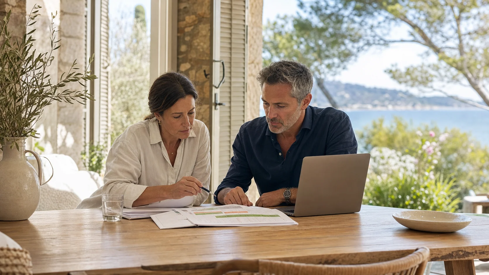 A holiday-home owner and booking specialist reviewing a rental calendar together