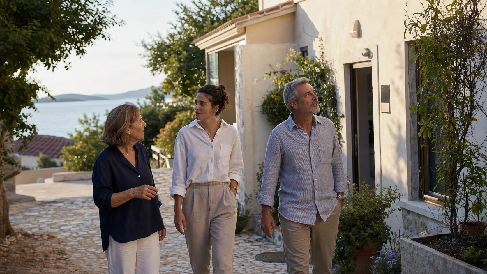 Holiday-rental owners walking through a coastal property together