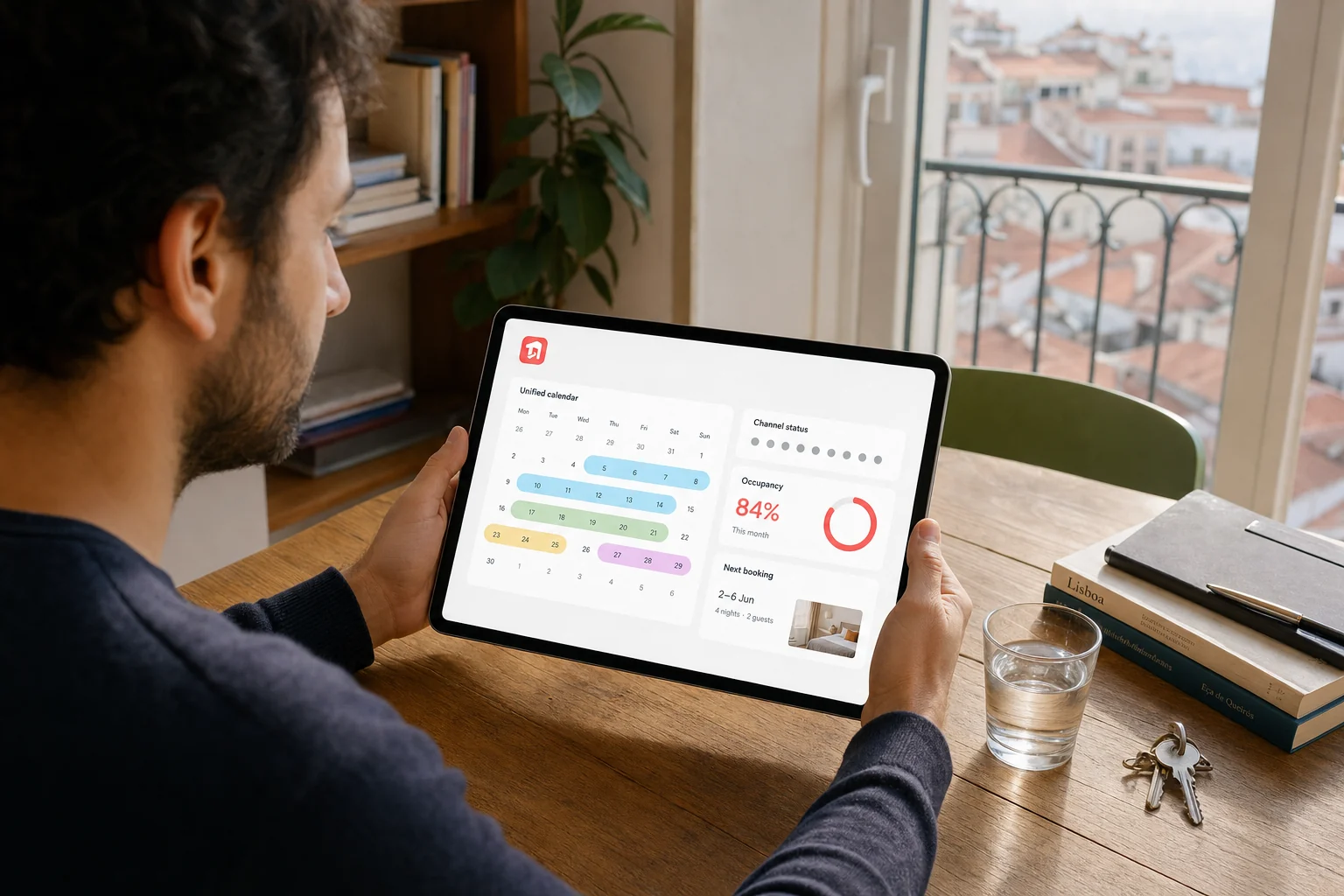 Tablet mit koordiniertem Buchungskalender in einer sonnendurchfluteten mediterranen Wohnung